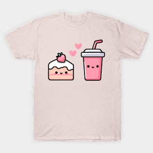 Kawaii Style Strawberry Cake and Milkshake in Love | Design for Kawaii Food Lovers T-Shirt